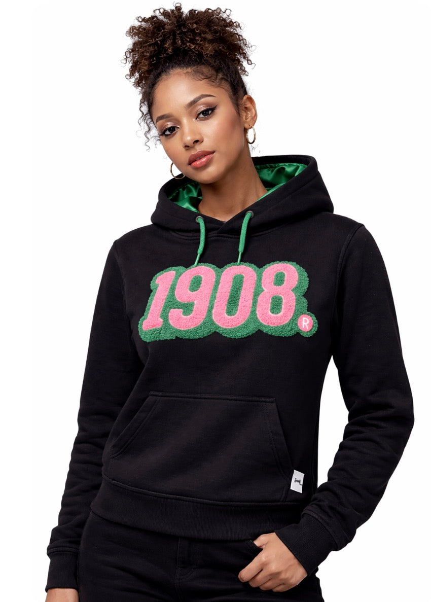 Alpha Kappa Alpha - Colored 1908 Chenille Black Hoodie w/Rhinestone ( w/ Green Satin Lined Hood & Thumb Holes)