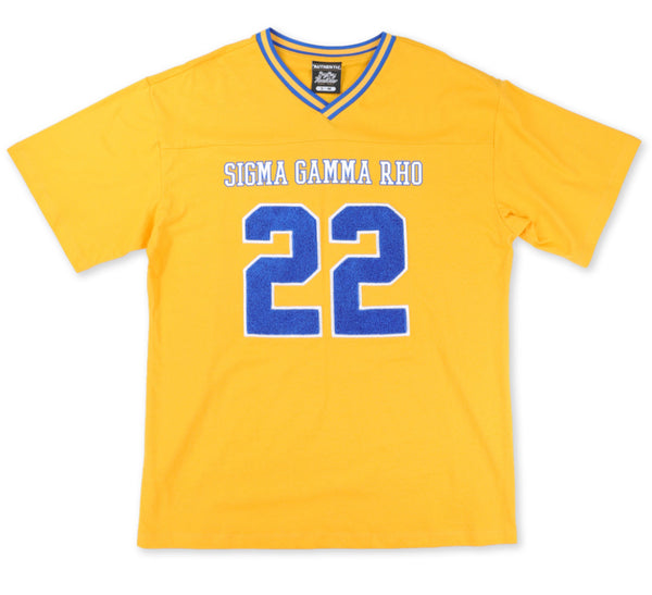 Sigma Gamma Rho - Oversized Chenille & Printed Football Jersey (Gold)