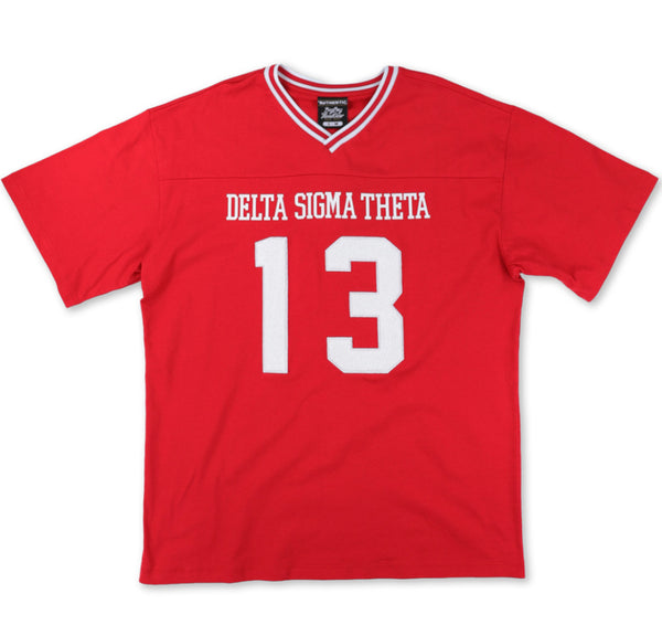 Delta Sigma Theta - Oversized Chenille & Printed Football Jersey (Red)