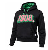 Alpha Kappa Alpha - Colored 1908 Chenille Black Hoodie w/Rhinestone ( w/ Green Satin Lined Hood & Thumb Holes)