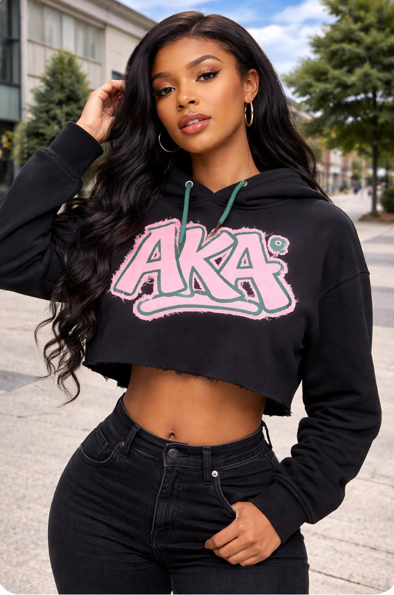Alpha Kappa Alpha -Distressed Crop Hoodie ( w/Satin Lined Hood & Thumb Holes)