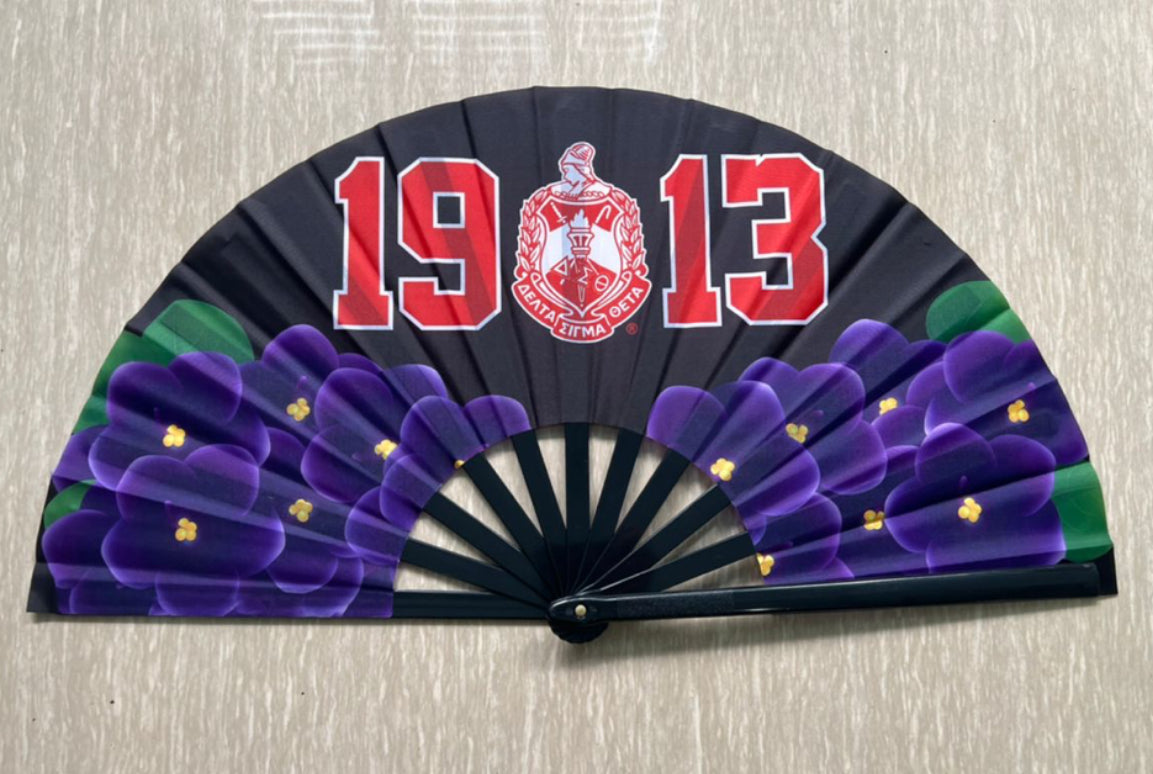 Delta Sigma Theta - Clack Hand Fan (Black w/African Violets)