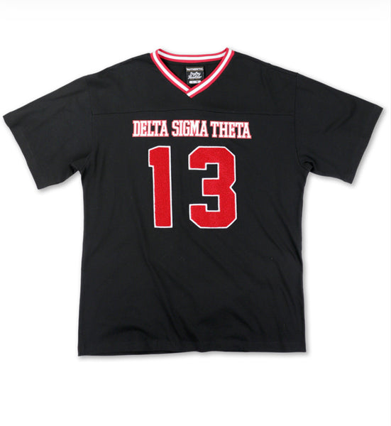 Delta Sigma Theta - Oversized Chenille & Printed Football Jersey (Black)