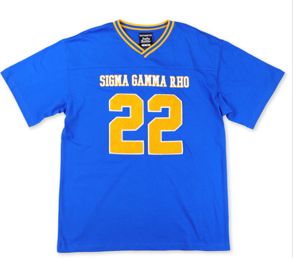 Sigma Gamma Rho - Oversized Chenille & Printed Football Jersey (Blue)