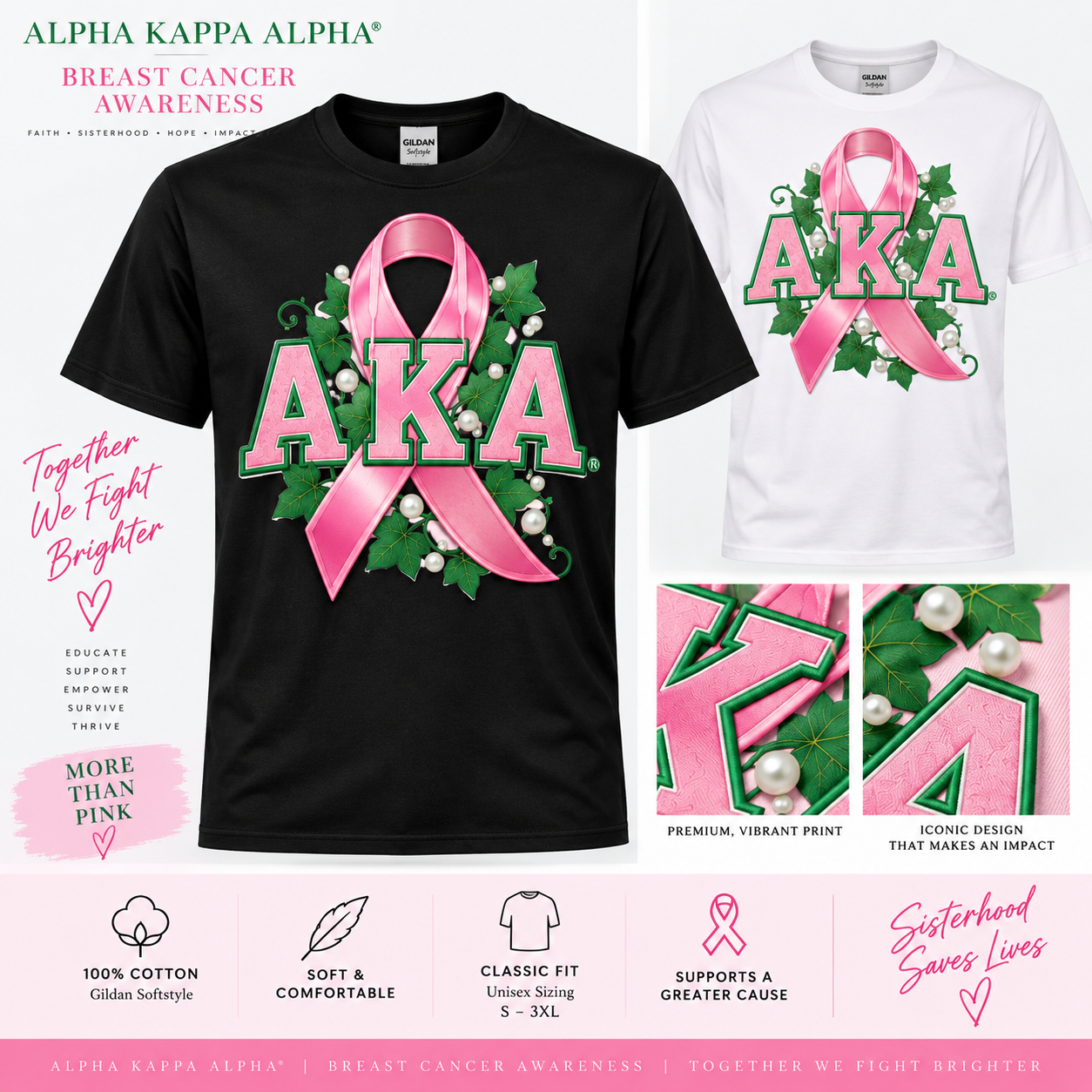 Alpha Kappa Alpha breast cancer awareness printed T-shirt in black and white