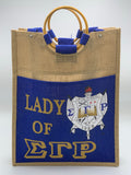 Sigma Gamma Rho  - Pocket Jute Bag with Lady of Signature. 14" w x 18" h x 5"